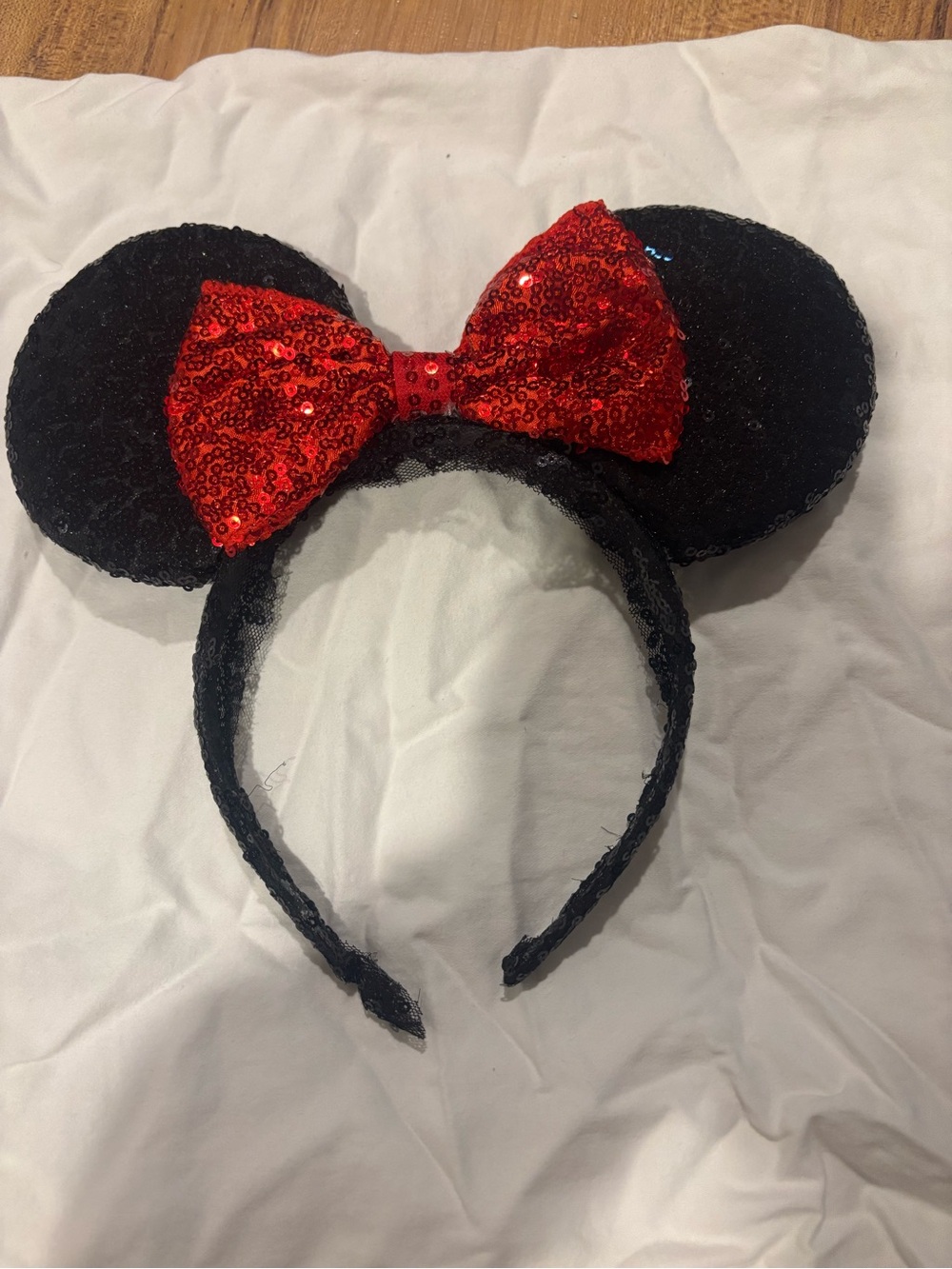 Sequin Minnie Mouse Ears Headband with Red Bow